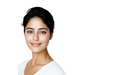 Portrait of a young woman with short black hair, smiling, South Asian ethnicity, isolated on white