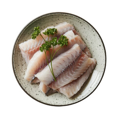 Fresh Raw Fish Fillets with Parsley on a Ceramic Plate