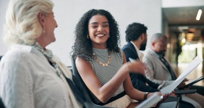 Interview, waiting or happy business people with resume in queue for hiring, CV or human resources. Paper, funny or line for recruitment process, employment documents or job application opportunity