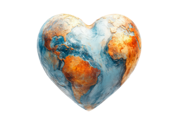 Heart-shaped globe symbolizes love for the planet isolated on transparent background