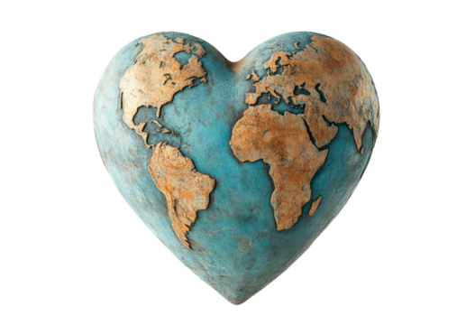 Heart shaped earth with continents isolated on transparent background