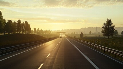 Fototapeta premium Road view at sunrise. Sun shining brightly, landscape and foliage surrounding