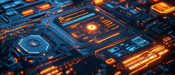 Futuristic CPU, glowing circuits, digital clock. Tech background