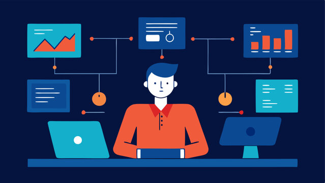 Network Monitoring An administrator sits at a desk with multiple screens displaying blockchain data graphs and network status focusing intently on realtime analytics.