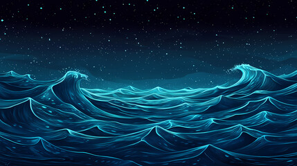 Bioluminescent sea waves under a starry night sky. Mystic Luminescence. Illustration