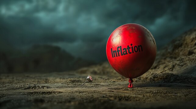 A striking red balloon labeled 'Inflation' rests on cracked ground, symbolizing economic distress amid dark clouds.