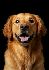 4k photography, studio lighting, high quality of smile Muzzle of golden retriever on black background, close up