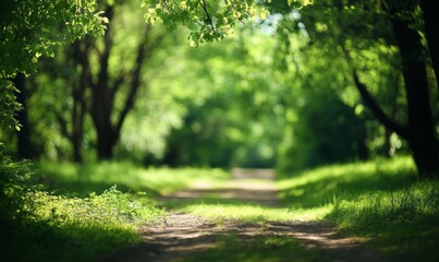 Fototapeta premium Walking Path Through Green Trees on Summer Day in Nature