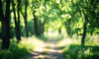 Walking Down Blurred Path Through Trees with Sunlit Greenery Landscape
