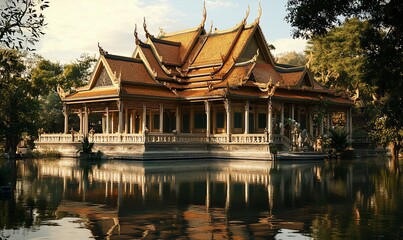 Fototapeta premium Golden temple on lake, trees, sunset, peaceful