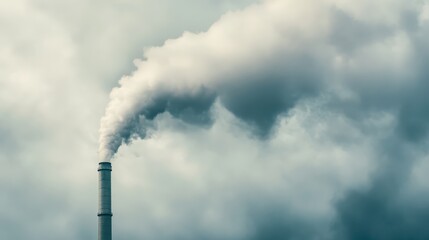 A tall smokestack is releasing a plume of white smoke into the overcast sky above an industrial zone during the daytime hours
