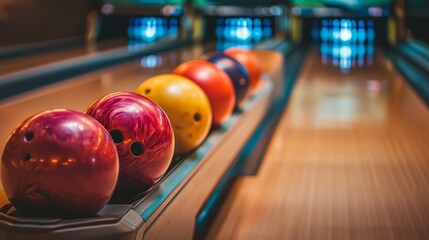 A row of bowling balls on a table. The balls are pink and purple. There are four balls on the table