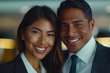 A multicultural duo of business professionals happily collaborating on a digital tablet in a modern office environment