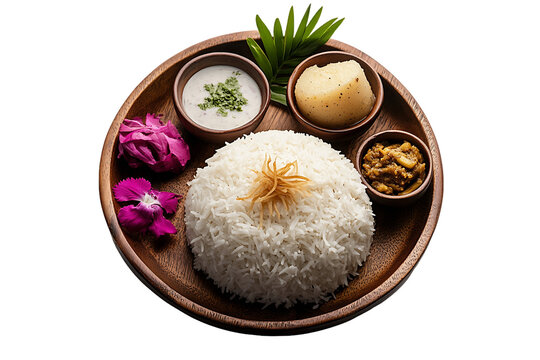 Plain Boiled Rice with Aloo Posto and Raita on Wooden Plate, PNG