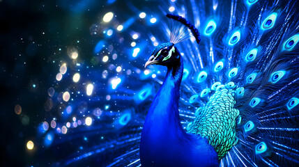Majestic blue peacock with celestial tail feathers sparkles brilliantly. Celestial Brilliance. Illustration
