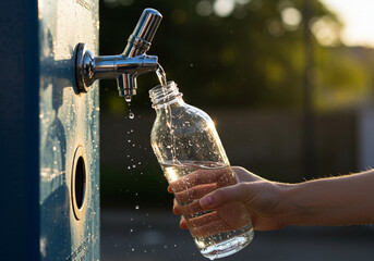 Refreshing Hydration: Filling a Bottle at a Public Water Fountain