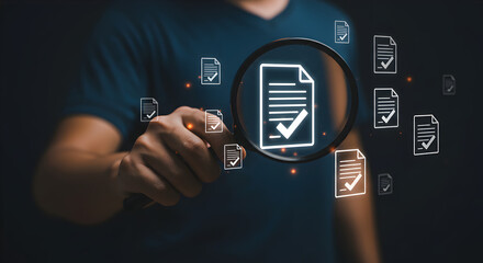 Document verification under scrutiny: a person reviewing a document with a magnifying glass