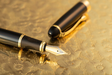 Fountain pen, beautiful fountain pen on an old metal surface with beautiful embossed ornaments,...