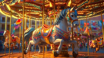 Illuminated carousel horse, festive fair, evening