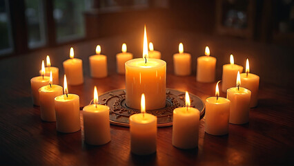 Circle of Candles Burning Brightly on Wooden Table creating Ambiance