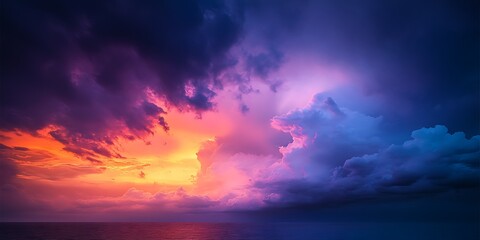 Obraz premium Vibrant sunset over ocean, dramatic cloudscape