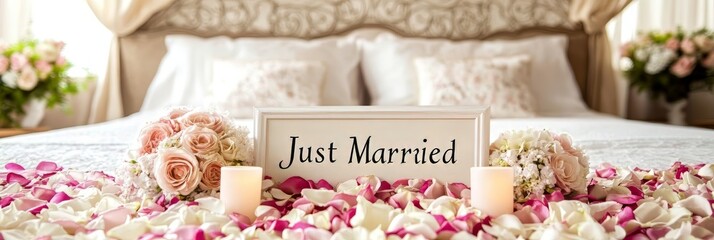 A bed with a sign that says "Just Married" on it. The bed is decorated with flowers and candles