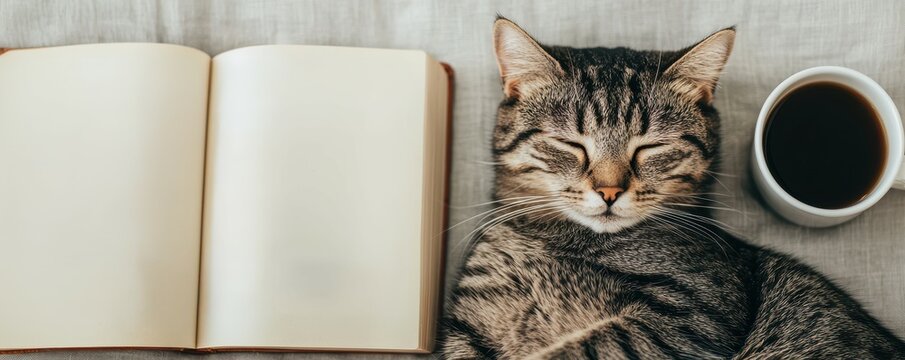 National pet day with cat love idea. Cozy cat resting beside a book and cup of coffee.