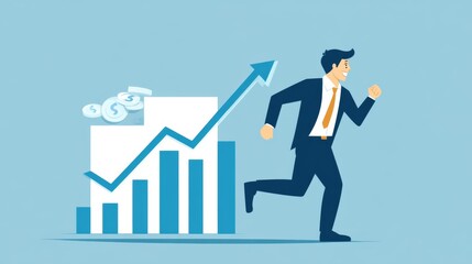 Cartoon businessman in suit running up an upward arrow, symbolizing financial growth, with rising bar graph beside him