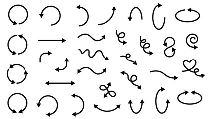 Set hand drawn thin arrows doodle on white background. double headed. Wavy lines, curves, circles, waves, hearts, infinity, back, u-turn, roll. Vector sketch design symbols. Art & Illustration