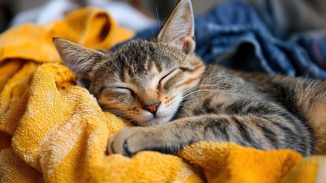 National pet day with cat love idea. Sleeping cat on a vibrant blanket.