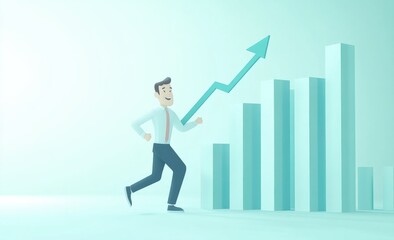 Fototapeta premium Cartoon businessman in suit running up an upward arrow, symbolizing financial growth, with rising bar graph beside him