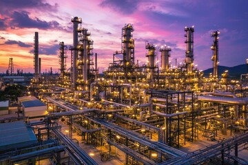 Oil refinery at dusk. Tanks, pipes, towers, lit against a dramatic sky