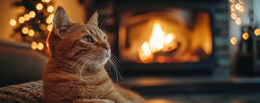 National pet day with cat love idea. Cozy cat relaxing by a warm fireplace with glowing lights.