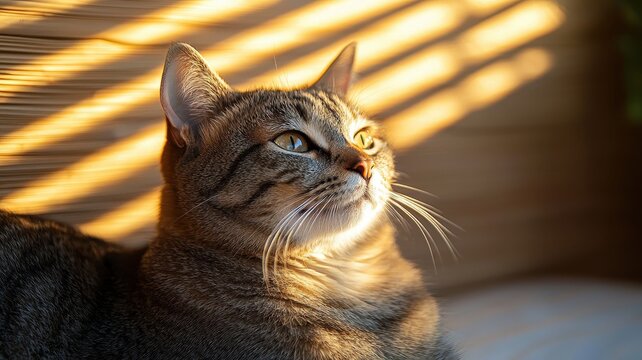 National pet day with cat love idea. Cat basking in sunlight with shadows across its face.