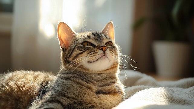 National pet day with cat love idea. A relaxed cat enjoying sunlight indoors