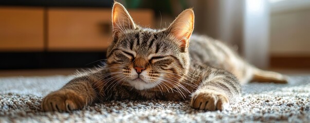 National pet day with cat love idea. Relaxed tabby cat lying on a carpet indoors.