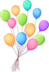 A large and cheerful bundle of bright helium balloons, adding a festive atmosphere to any design. Isolated on a white background.