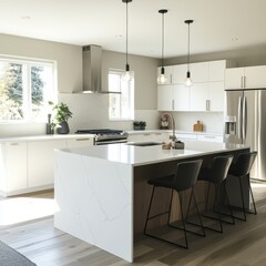 A modern white kitchen with an island and bar stools