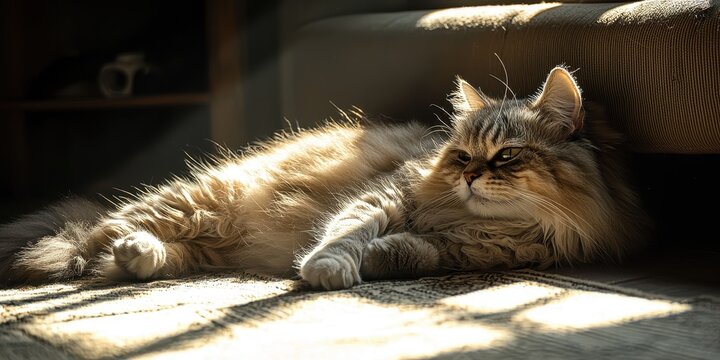 National pet day with cat love idea. Fluffy cat relaxing in warm sunlight indoors.