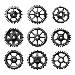 Nine Dark Metal Gears Intricate Design Precise Mechanics Industrial Strength Powerful Machinery