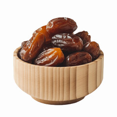 Image is a high-resolution, close-up photograph of a wooden bowl filled with dates. The bowl is made of light-colored wood with a smooth finish and a simple, rounded shape. 