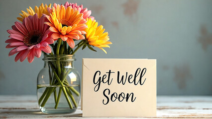 Get well soon card with vibrant gerbera daisy flowers in a vase