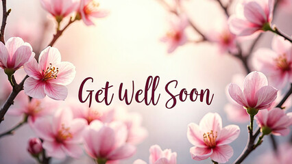 Get Well Soon message amidst blooming cherry blossoms in soft focus