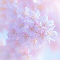 Fototapeta premium Soft, pastel-pink blossom blooms, a gentle spring scene, delicate petals, vibrant stamen, and dreamy bokeh