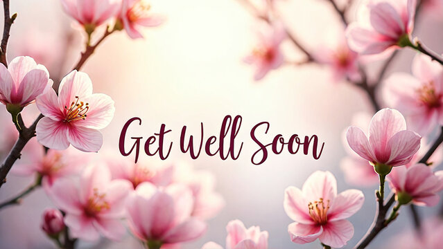 Get Well Soon message amidst blooming cherry blossoms in soft focus
