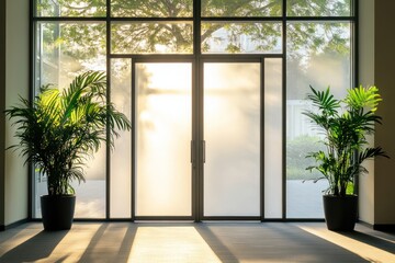 Fototapeta premium Sunlit office entrance, plants, garden view, morning
