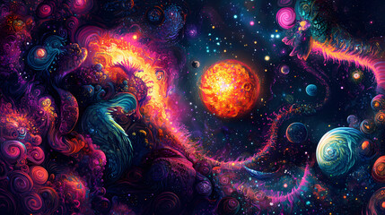 A stylized illustration of a colorful celestial body in space, featuring vibrant colors and whimsical elements. Celestial Brilliance. Illustration