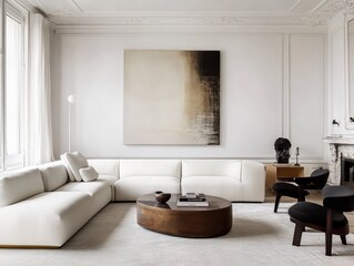 Elegant living room interior featuring modern furniture and abstract artwork