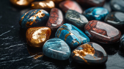 Close-up of polished stones, blue, red, and gold hues, showcasing smooth textures and intricate patterns, representing luxury, nature, or spiritual concepts