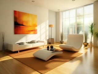 A modern living room furnished with contemporary furniture and art